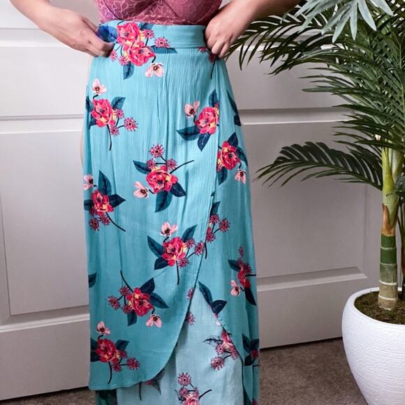 Express Floral Tropical Faux Wrap High Low Skirt XS Blue Pink - Picture 2 of 10